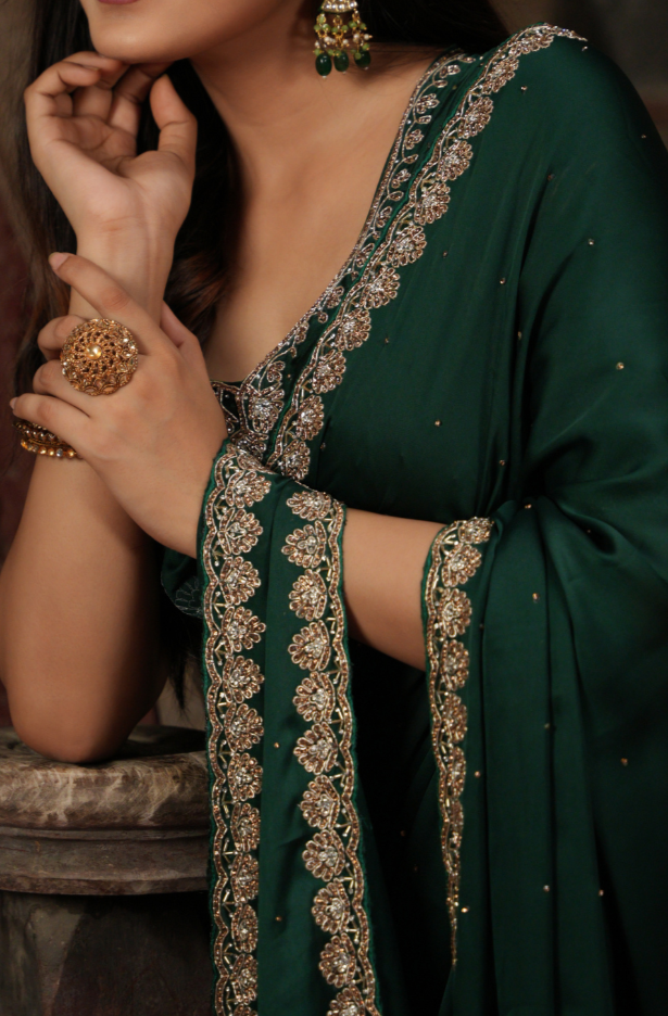 Enchanting Bottle Green Saree with Antique Zardozi Nine Yard Border on Satin Fabric