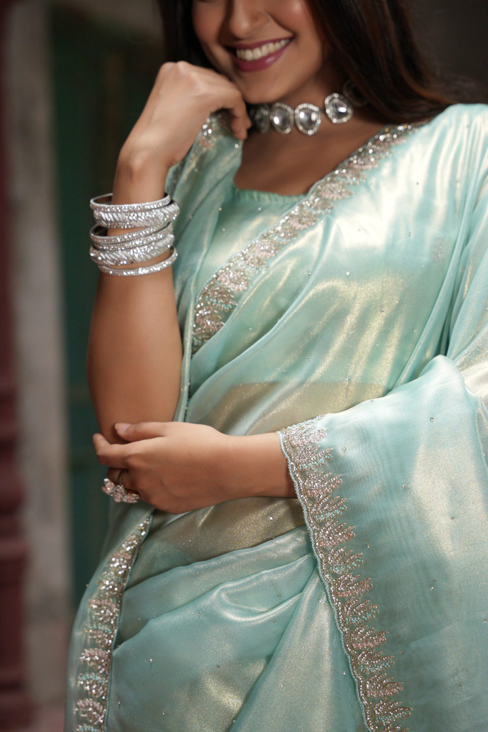Elegant Light Green Saree with Pure Zardozi & Pearl Embellishments on Shimmer Tissue Fabric
