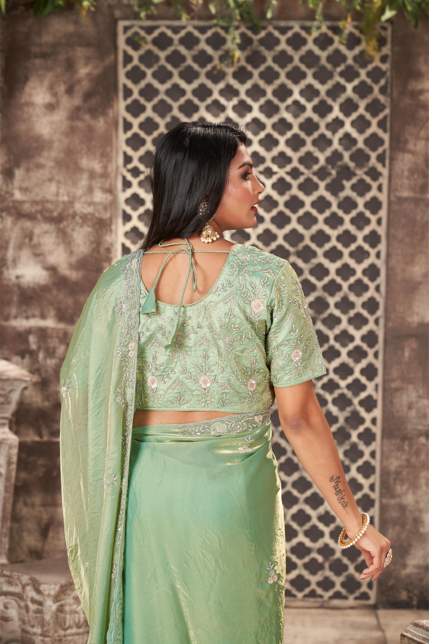 Enchanting Pista Green Shimmer Tissue Saree with Sequin and Zardozi Work