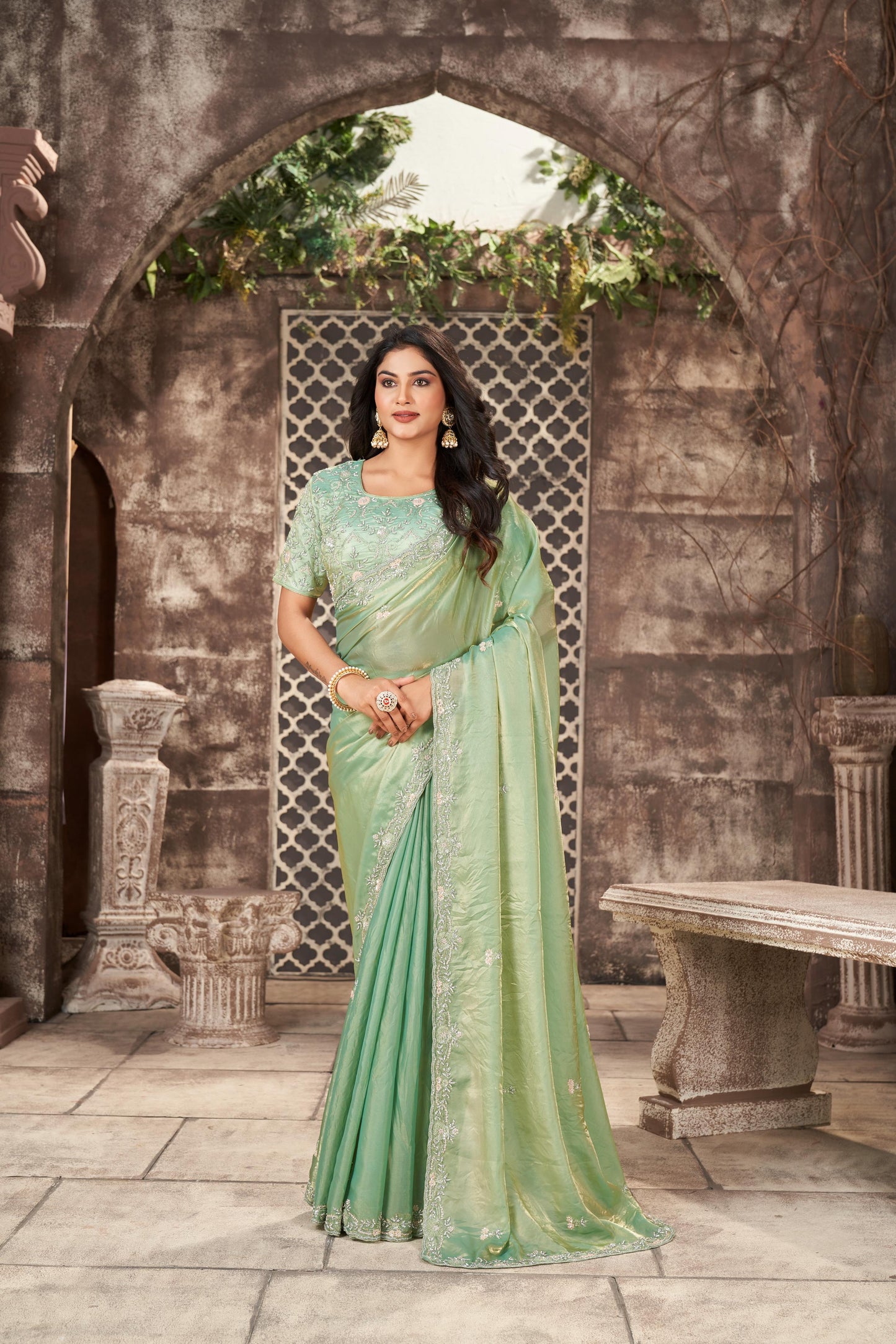 Enchanting Pista Green Shimmer Tissue Saree with Sequin and Zardozi Work
