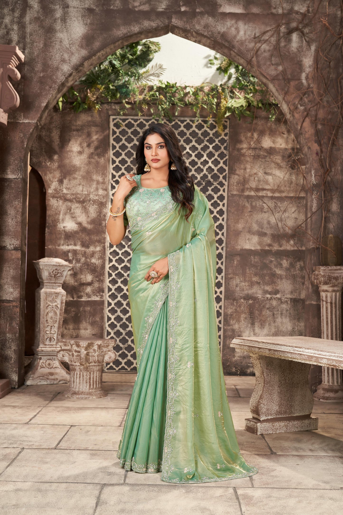 Enchanting Pista Green Shimmer Tissue Saree with Sequin and Zardozi Work