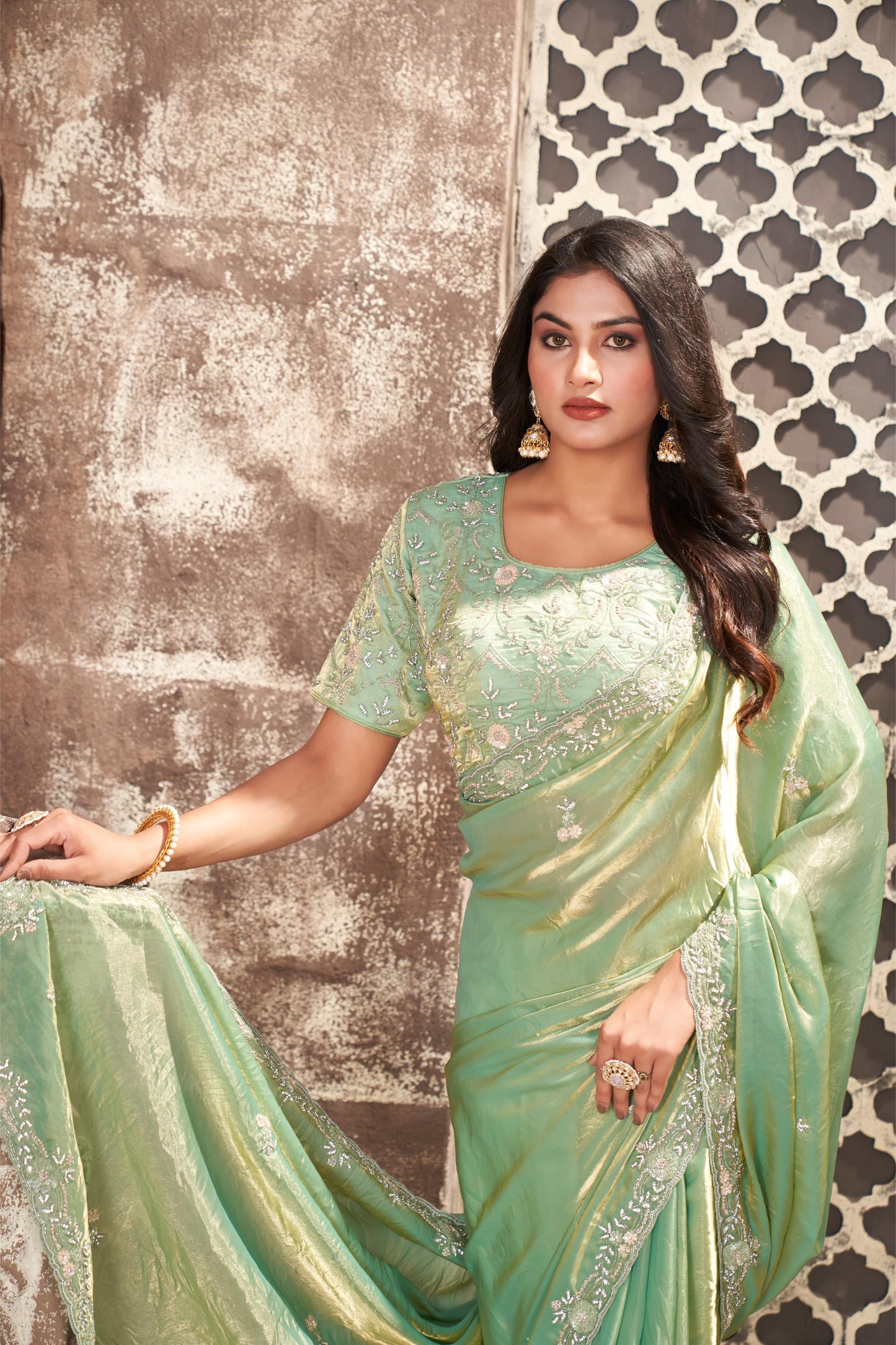 Enchanting Pista Green Shimmer Tissue Saree with Sequin and Zardozi Work