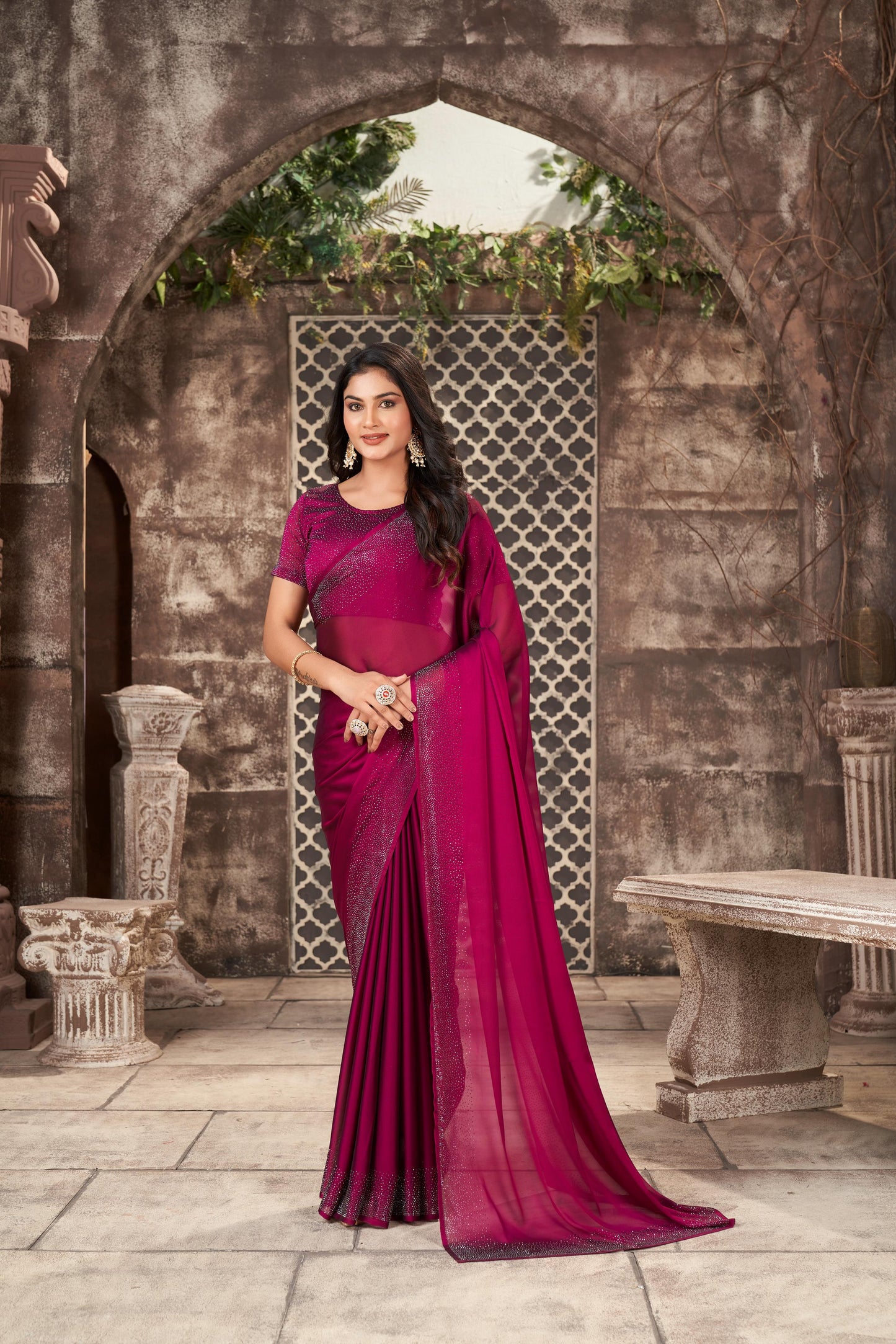 Regal Wine Georgette Saree with Sarvoski Work