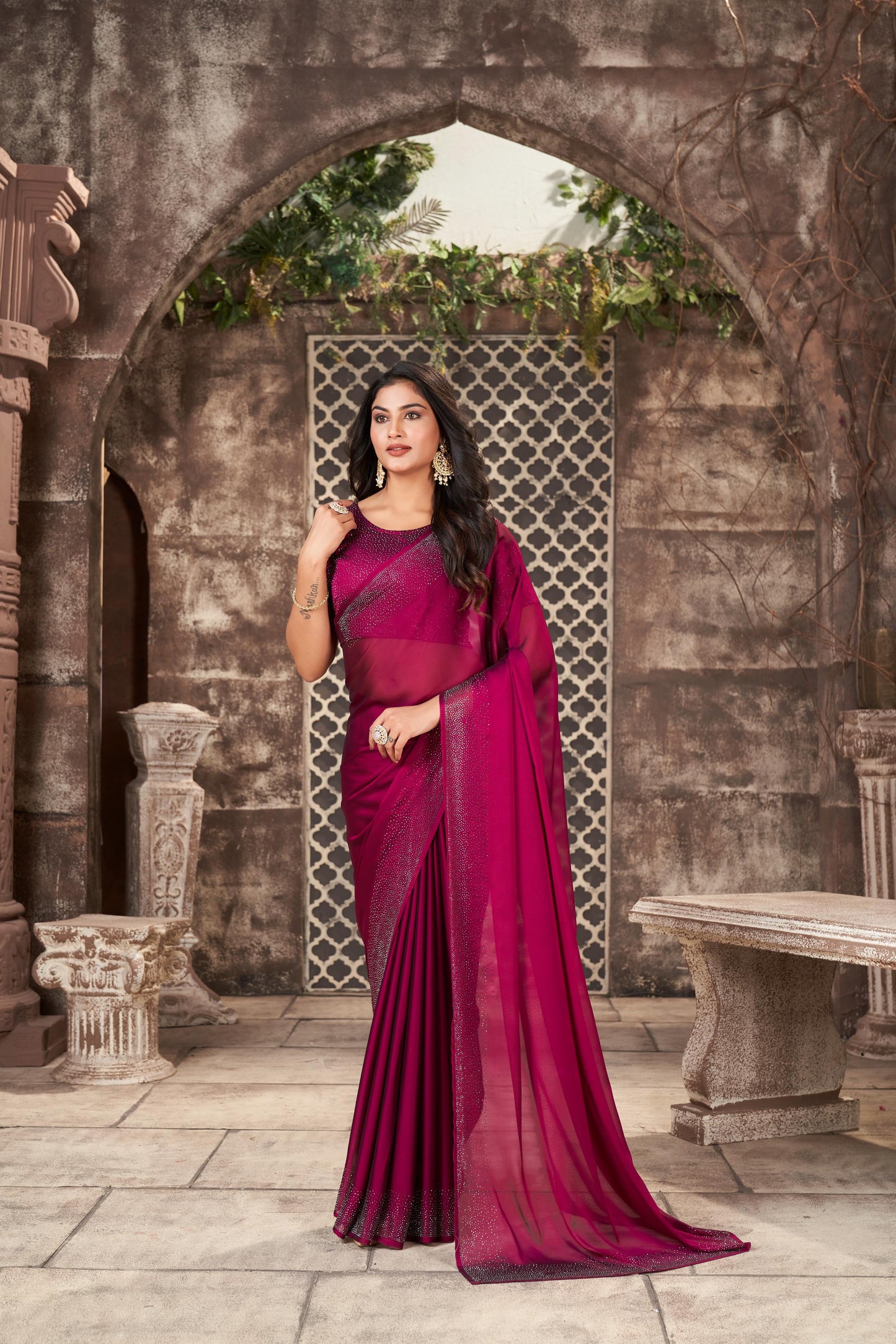 Regal Wine Georgette Saree with Sarvoski Work