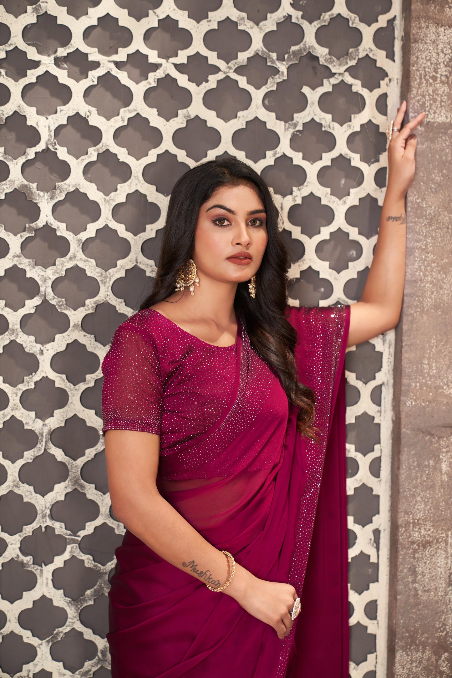 Regal Wine Georgette Saree with Sarvoski Work