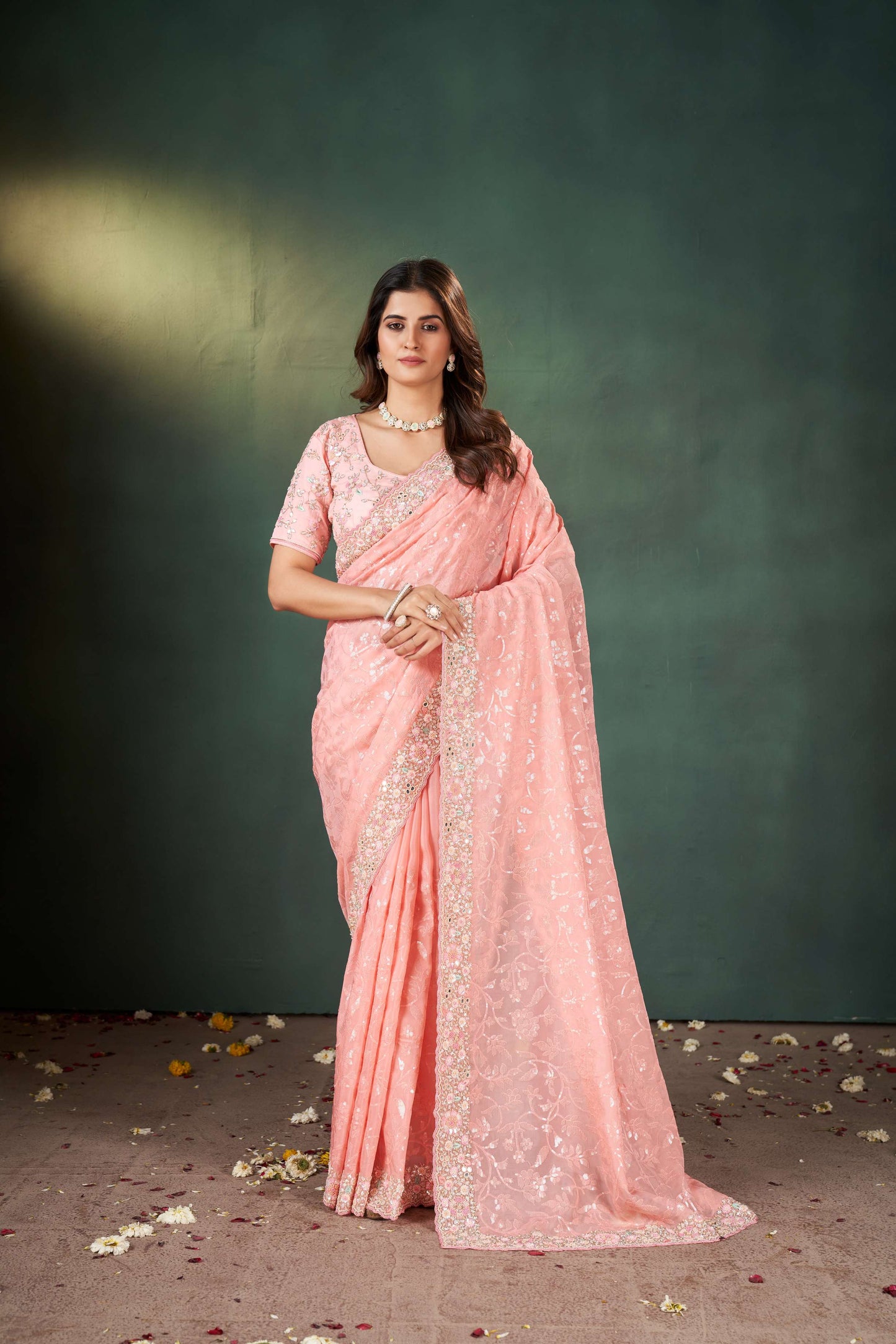 Elegant Peach Organza Silk Saree with Sequins and Chicken Work