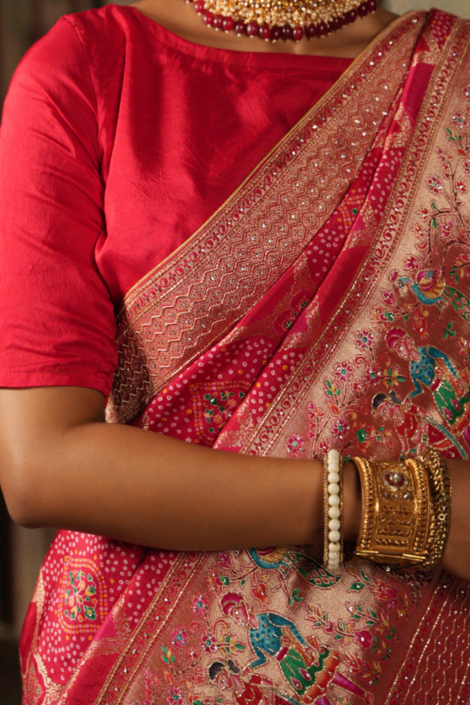 Desert Rose Allure: Gajri Khaddi Silk Saree with Hand Embroidery & Meena Work