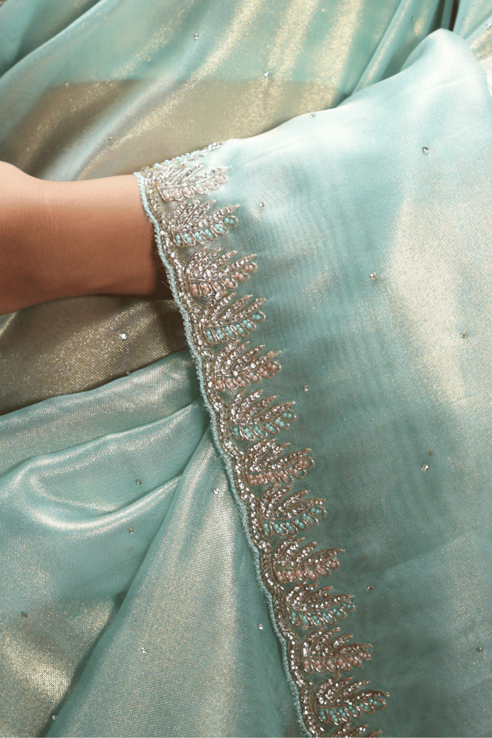 Elegant Light Green Saree with Pure Zardozi & Pearl Embellishments on Shimmer Tissue Fabric