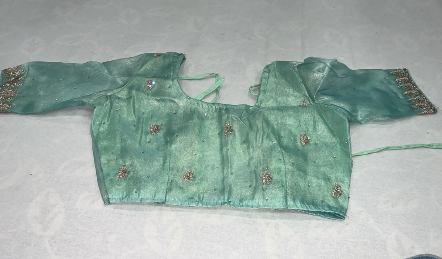 Elegant Light Green Saree with Pure Zardozi & Pearl Embellishments on Shimmer Tissue Fabric