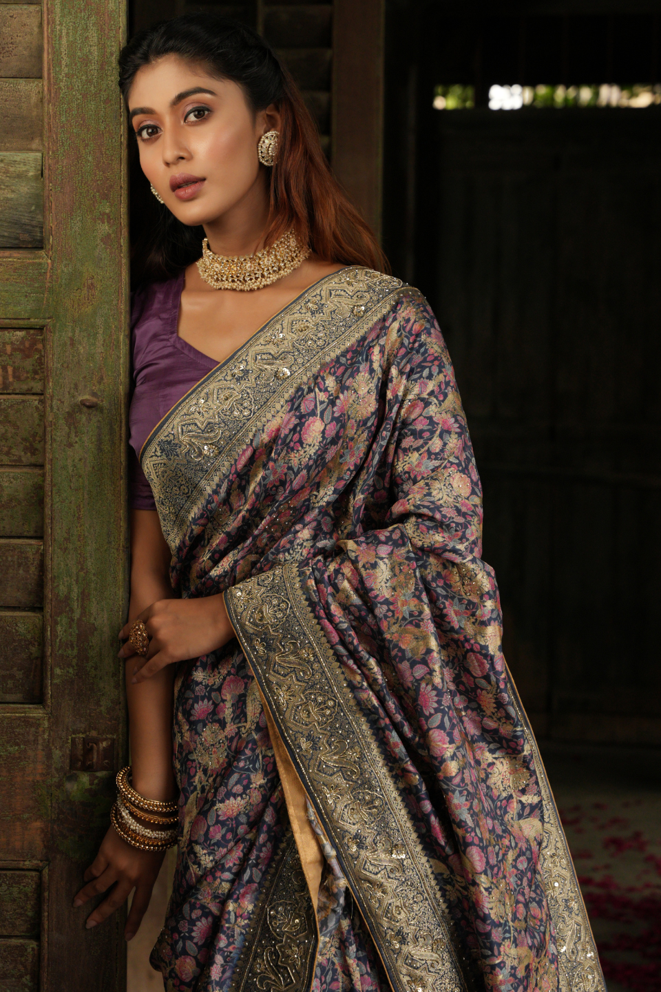 Enchanted Elegance: Moffish Blue Khaddi Silk Saree with Zardozi Brilliance & Digital Artistry