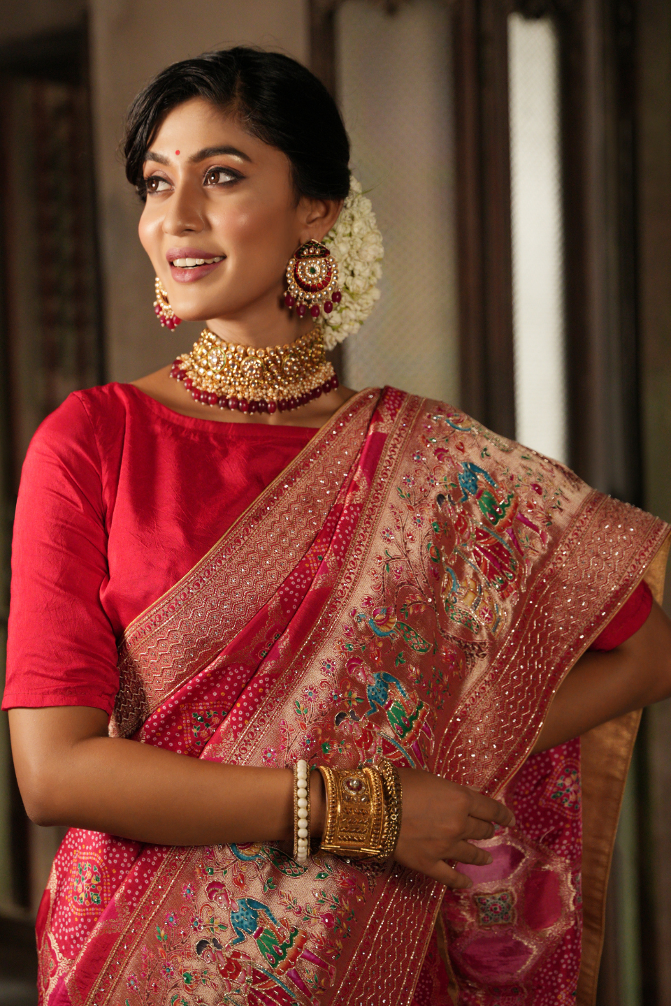 Desert Rose Allure: Gajri Khaddi Silk Saree with Hand Embroidery & Meena Work