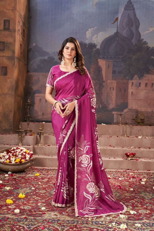 Elegant Light Onion Crush Organza Saree with Hand Embroidery