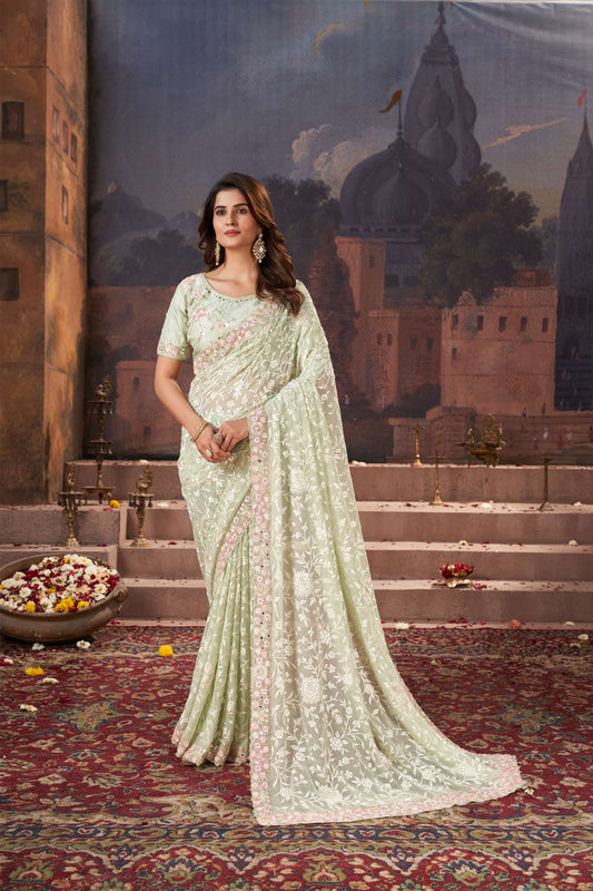 Classic Light Lime Green Georgette Saree with Traditional Parsi Work