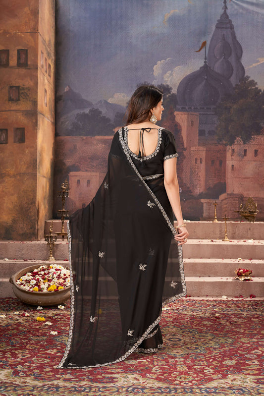 Chic Black Organza Tissue Saree with Hand Embroidery Details