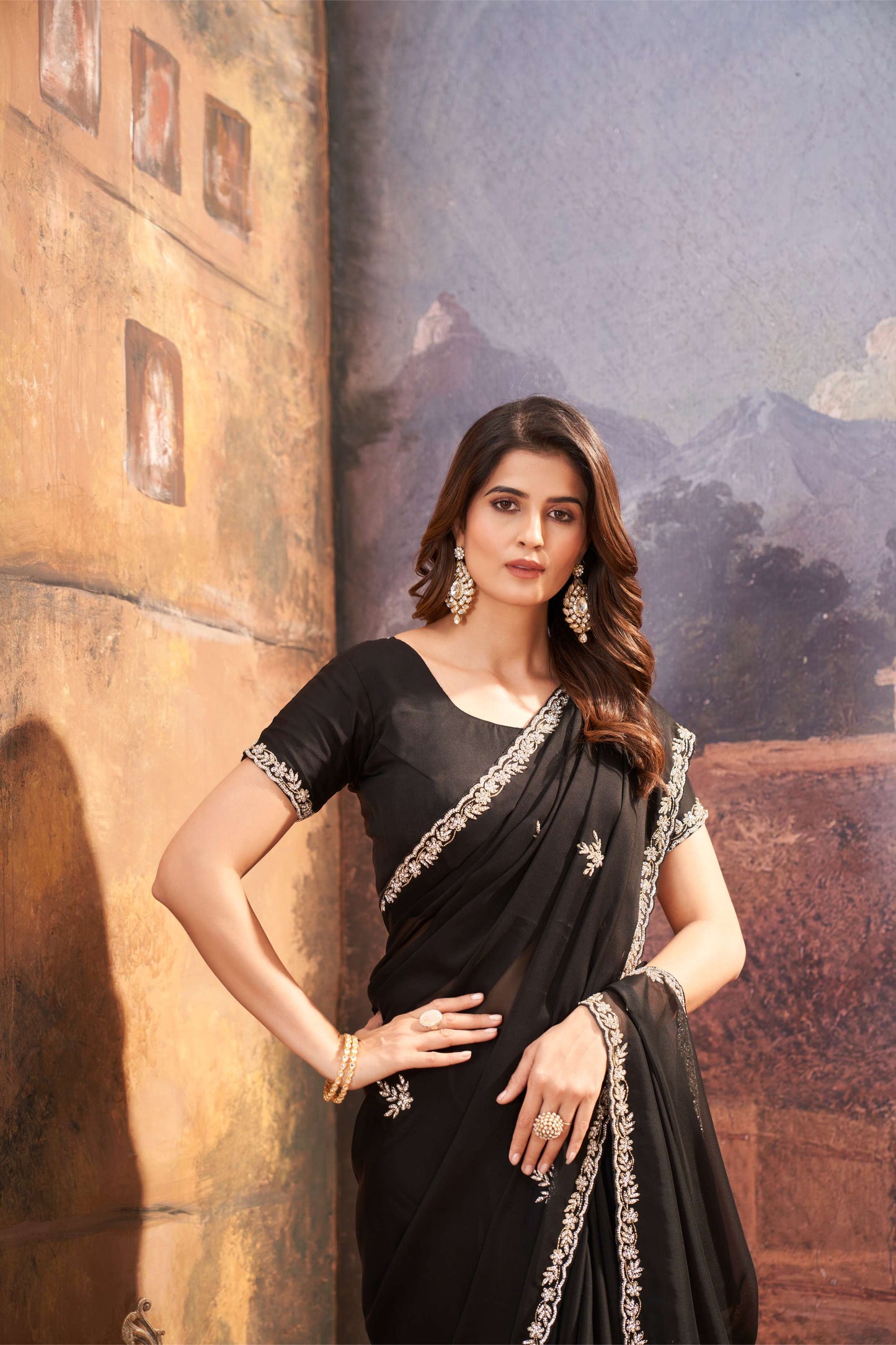 Chic Black Organza Tissue Saree with Hand Embroidery Details