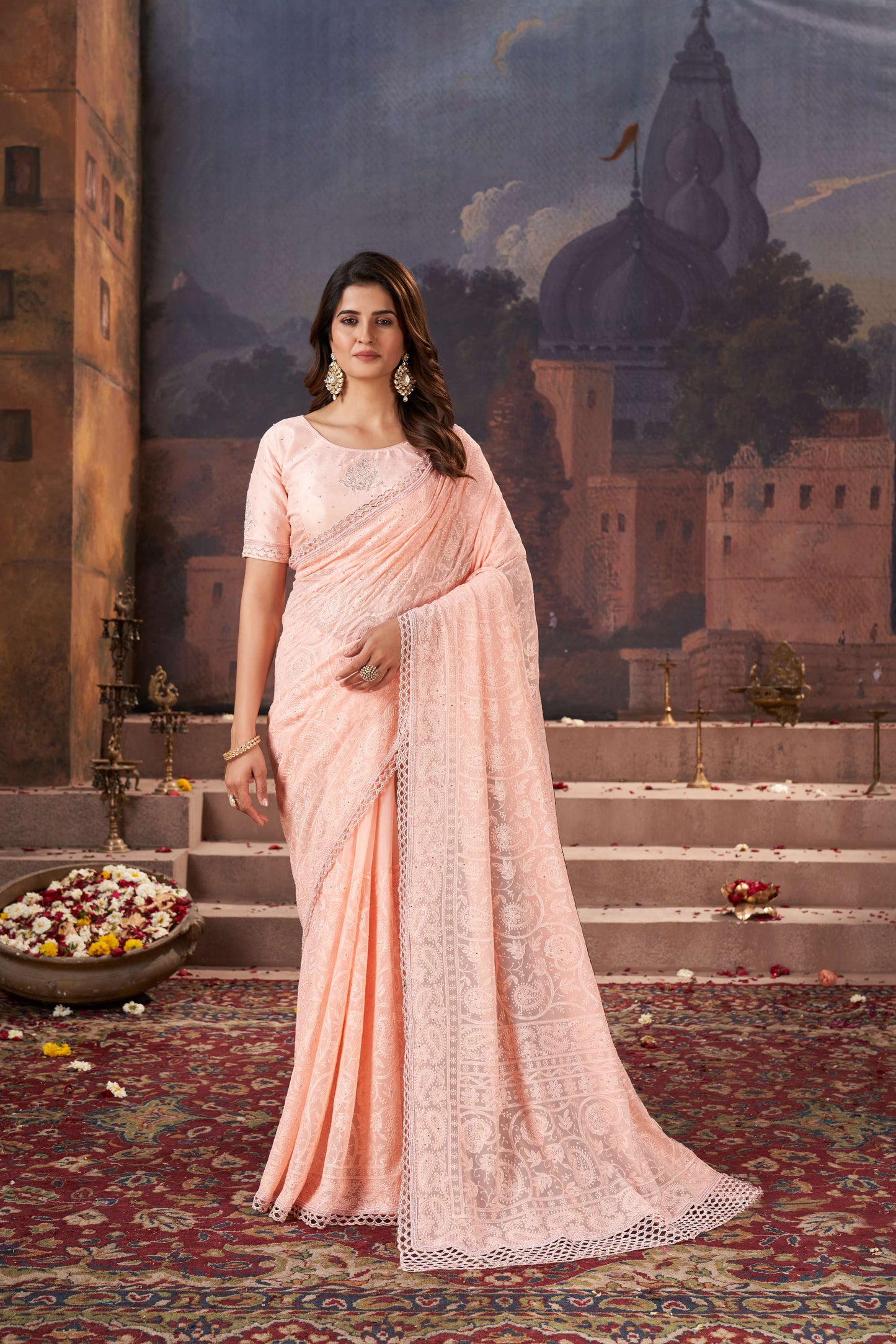 Regal Peach Georgette Saree with Traditional Chicken Work