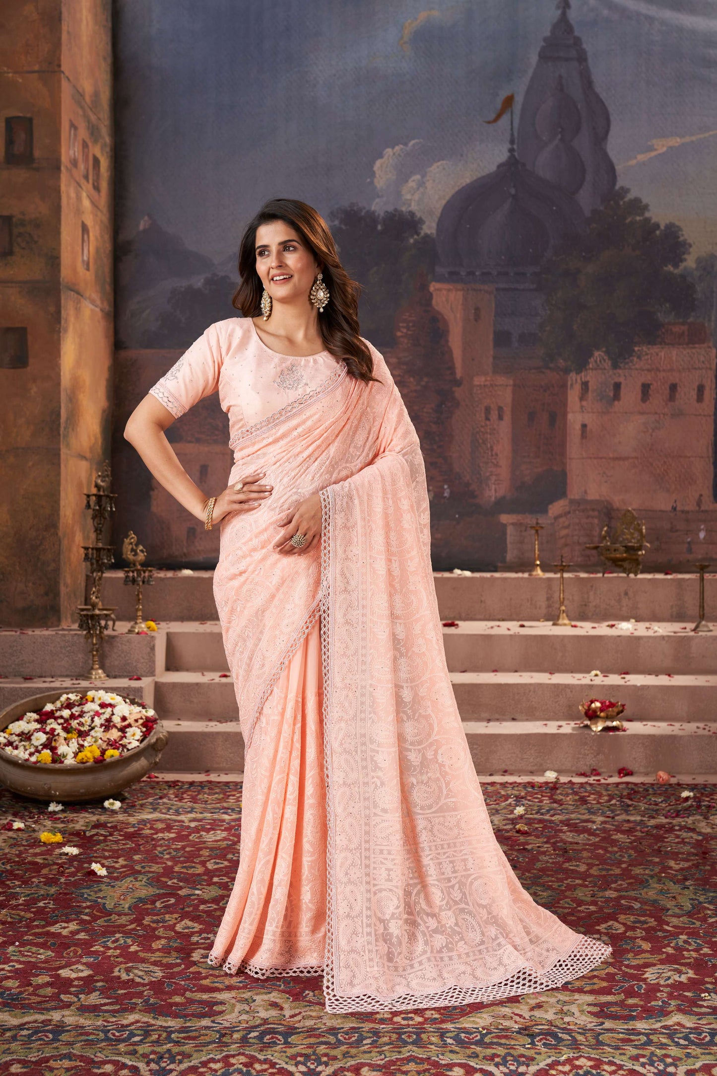 Regal Peach Georgette Saree with Traditional Chicken Work