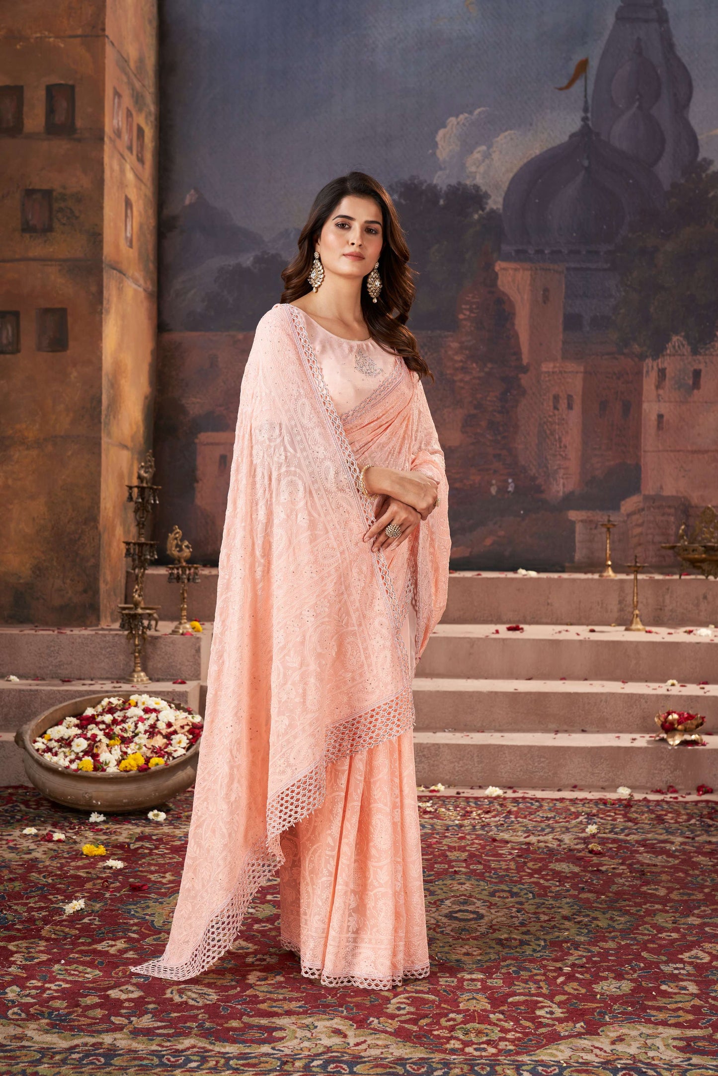 Regal Peach Georgette Saree with Traditional Chicken Work