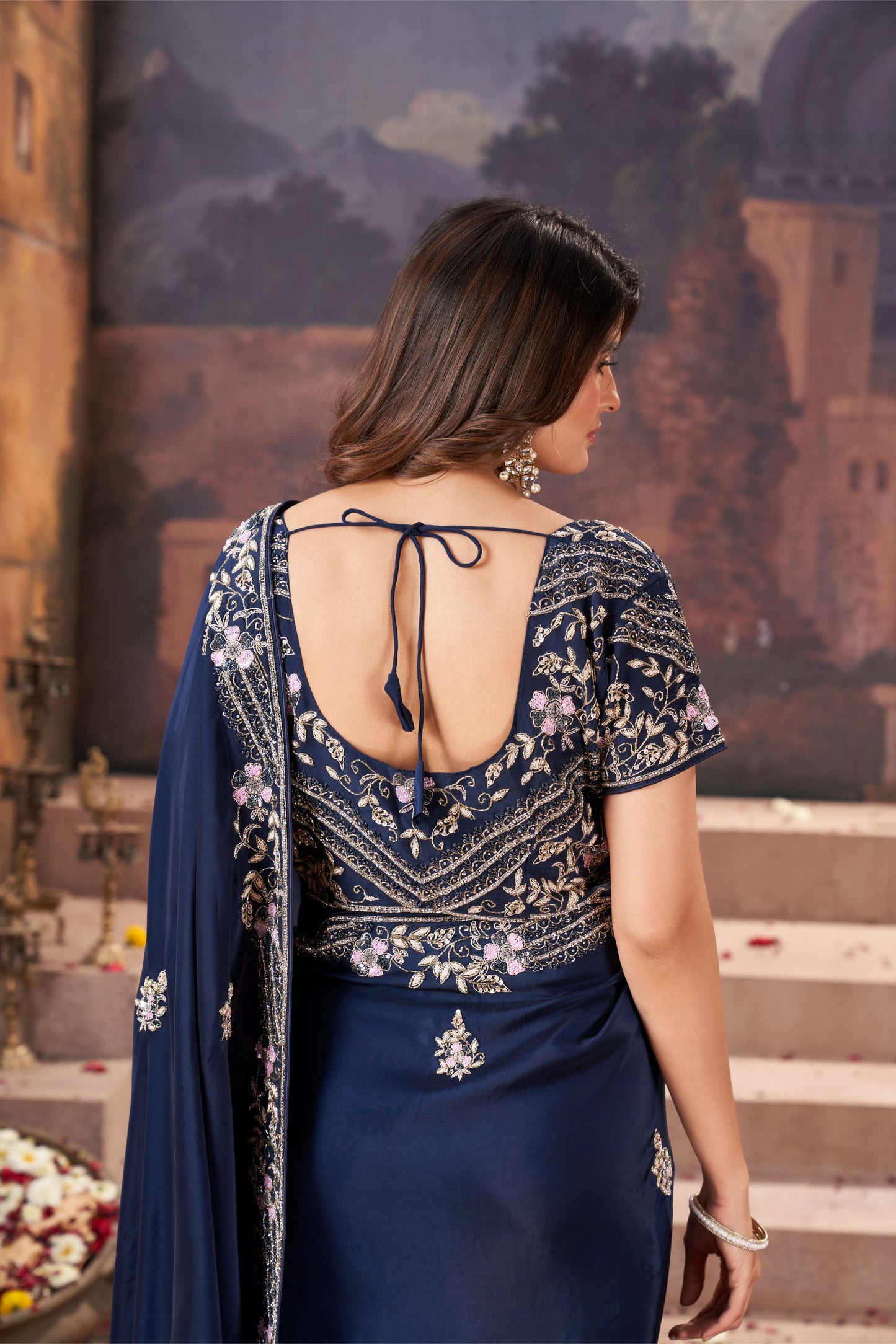 Exquisite Navy Blue Satin Organza Saree with Hand Embroidery