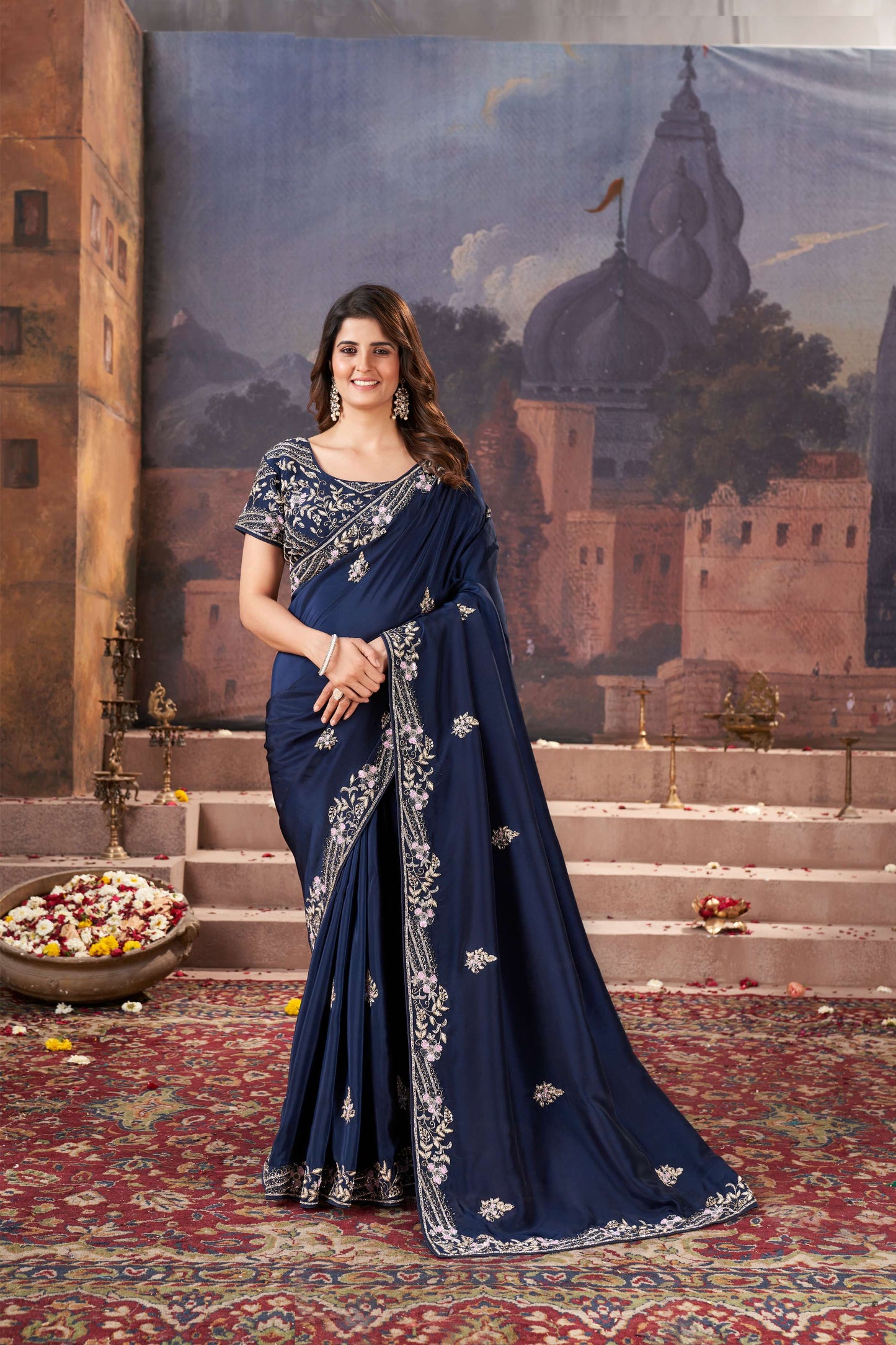 Exquisite Navy Blue Satin Organza Saree with Hand Embroidery