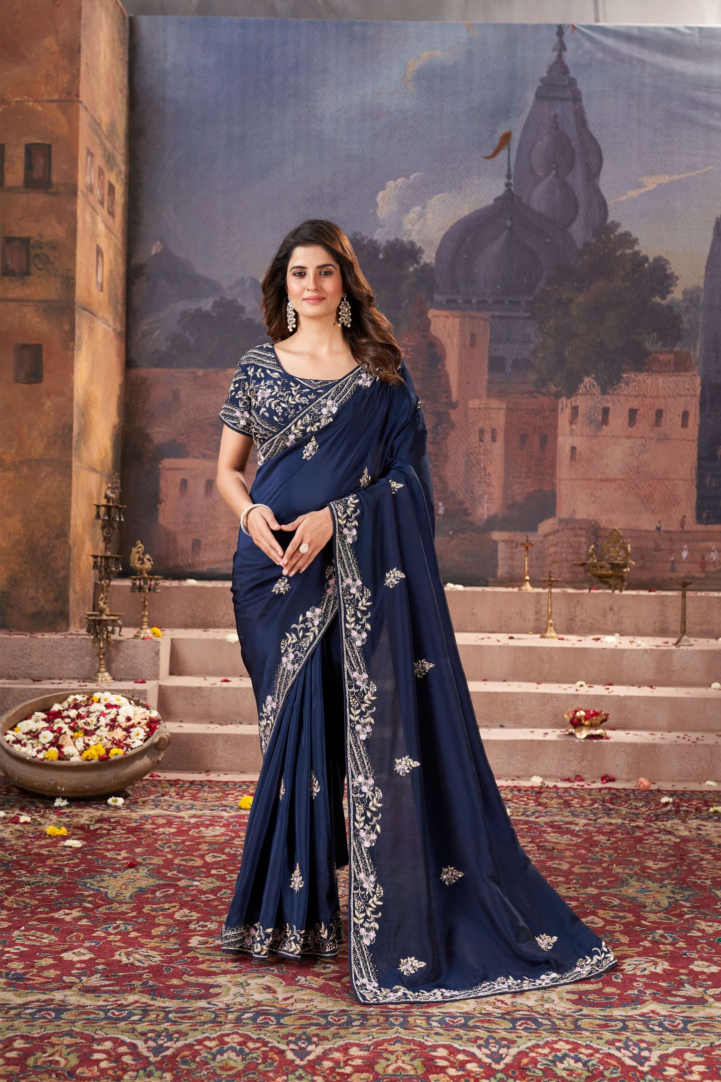 Exquisite Navy Blue Satin Organza Saree with Hand Embroidery