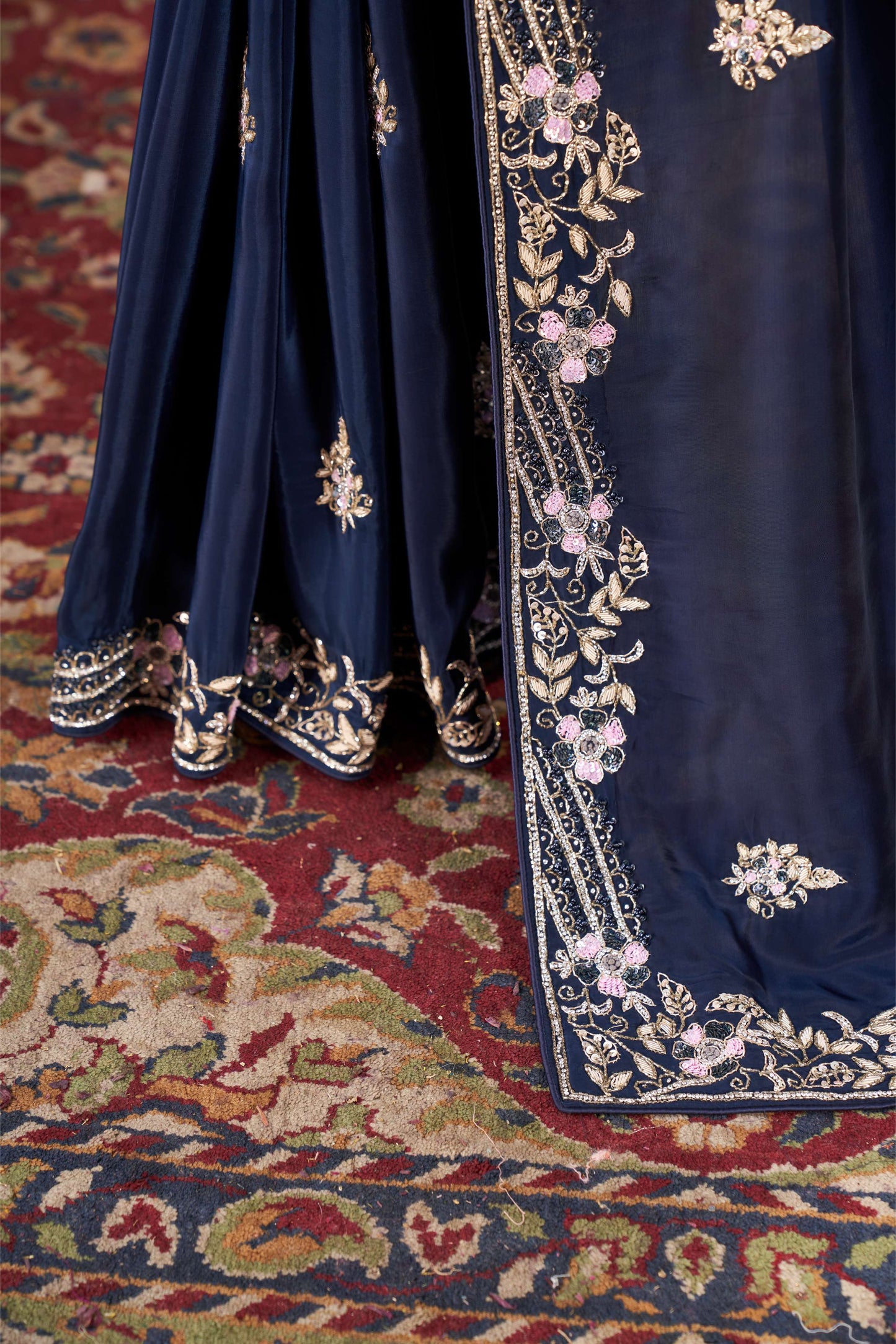 Exquisite Navy Blue Satin Organza Saree with Hand Embroidery