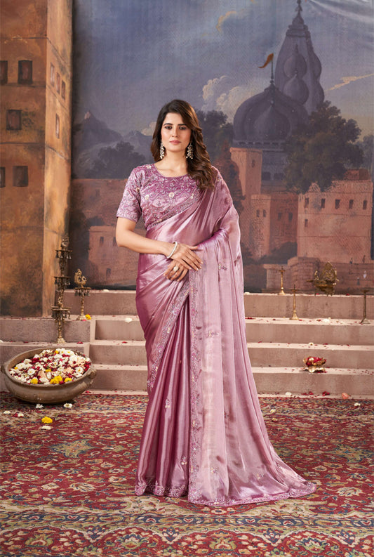 Chic Dark Onion Organza Tissue Saree with Sequins and Cutdana Work