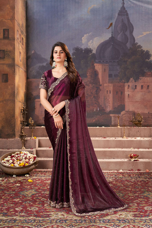 Luxurious Wine Crush Shimmer Saree with Hand Embroidery