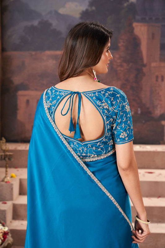 Turquoise Blue Satin Silk Saree with Heavy Hand Embroidery