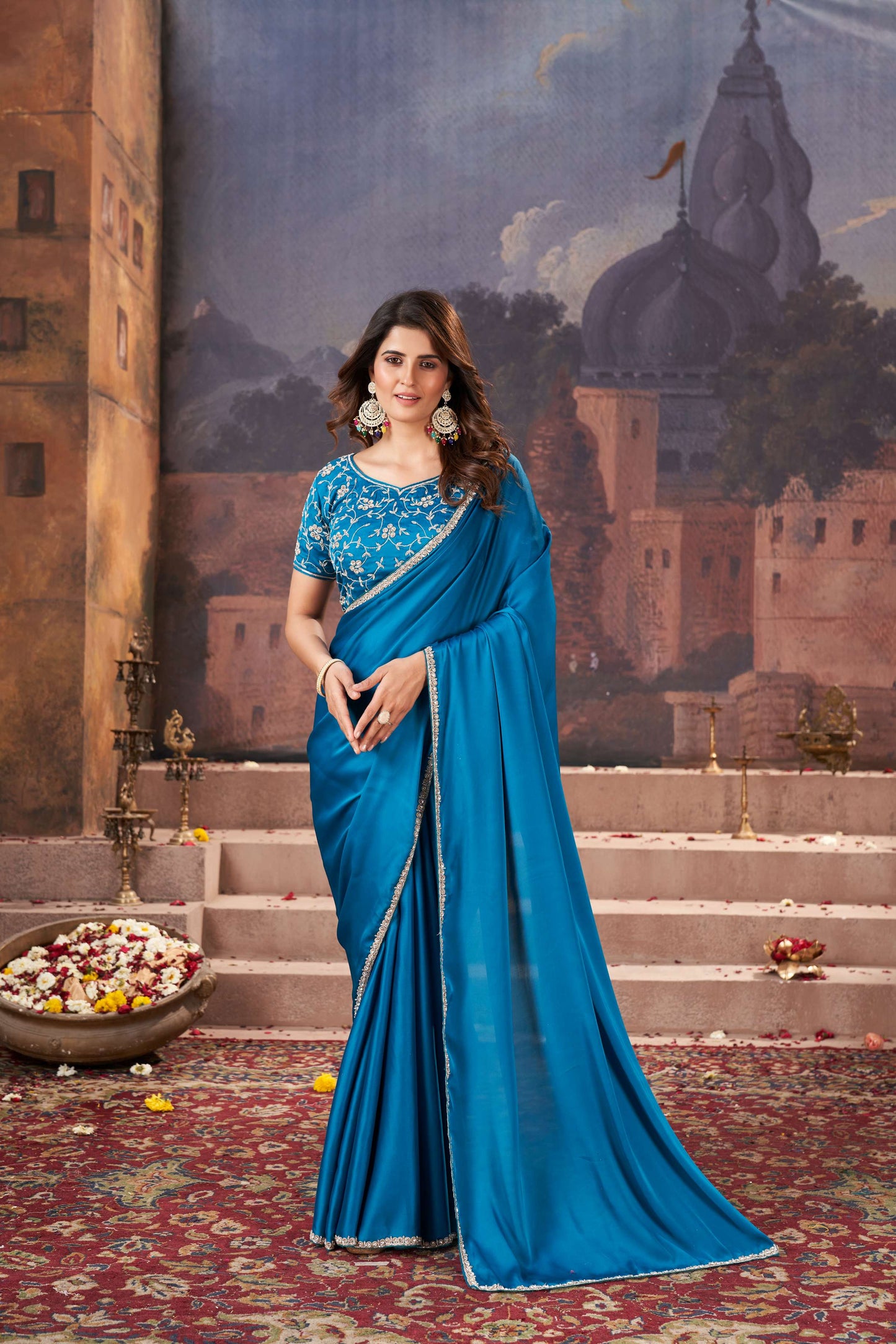 Turquoise Blue Satin Silk Saree with Heavy Hand Embroidery