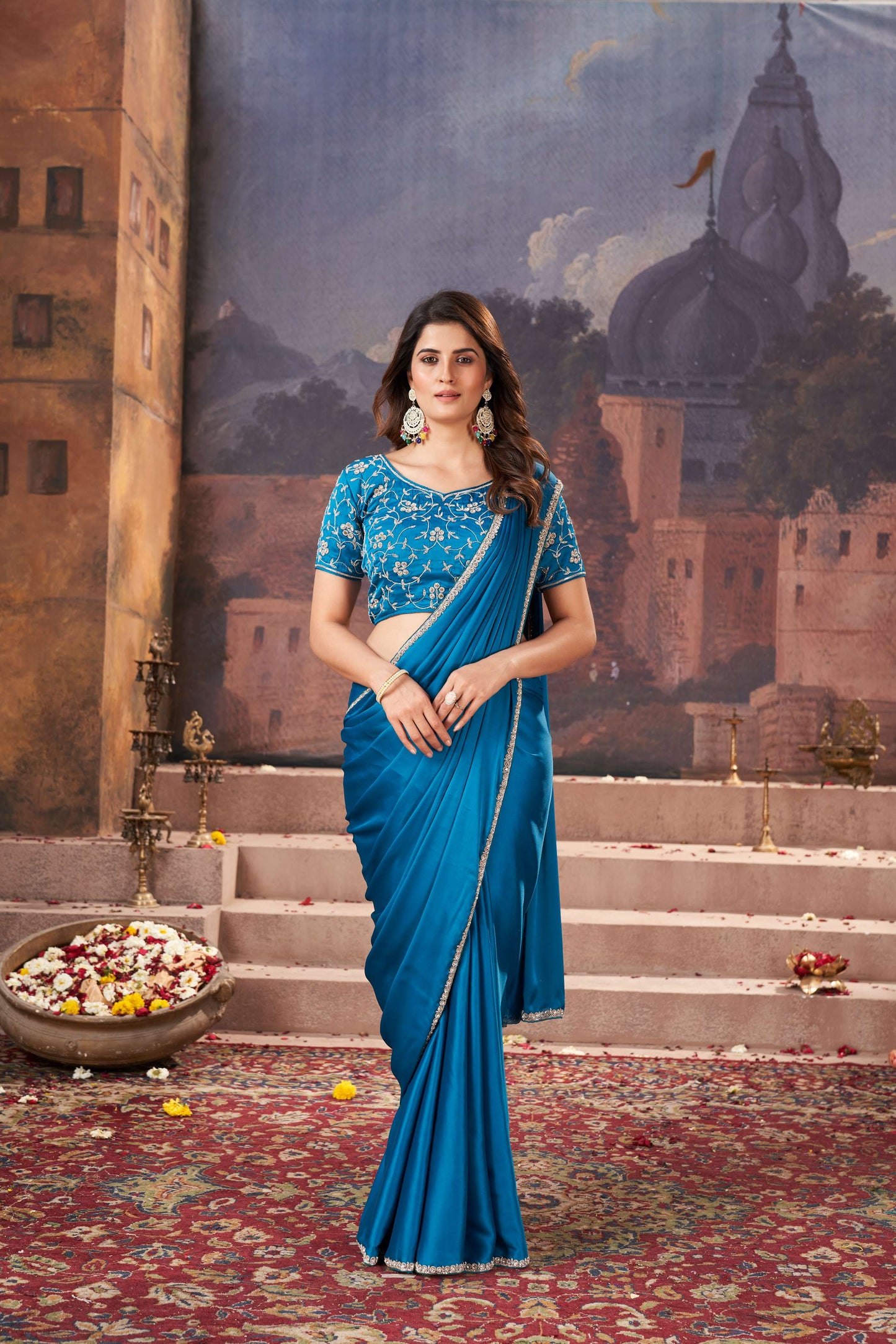 Turquoise Blue Satin Silk Saree with Heavy Hand Embroidery