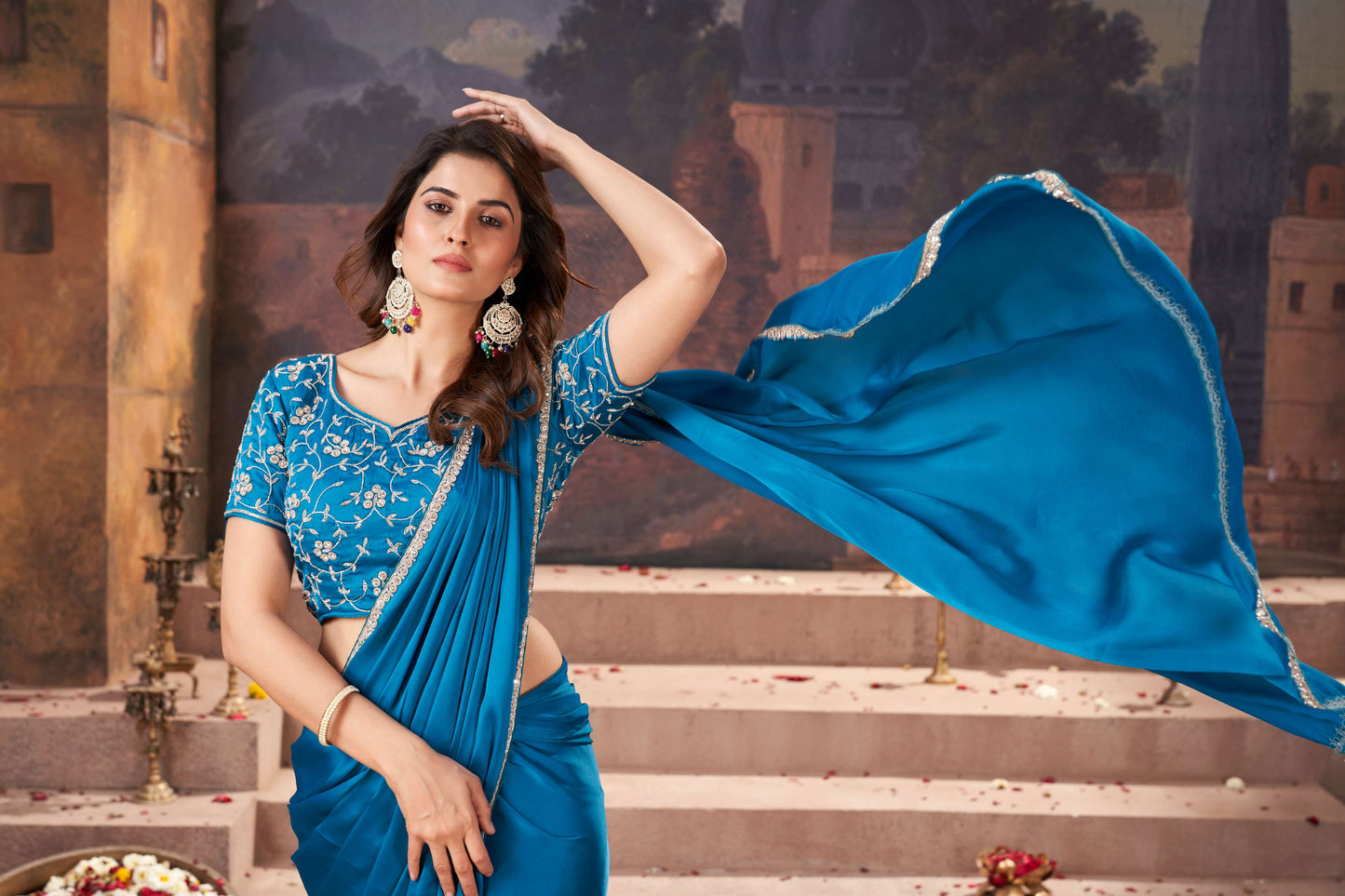 Turquoise Blue Satin Silk Saree with Heavy Hand Embroidery