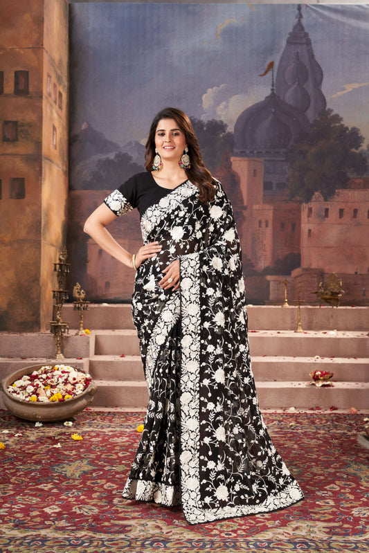 Classic Black Georgette Saree with Traditional Parsi Work