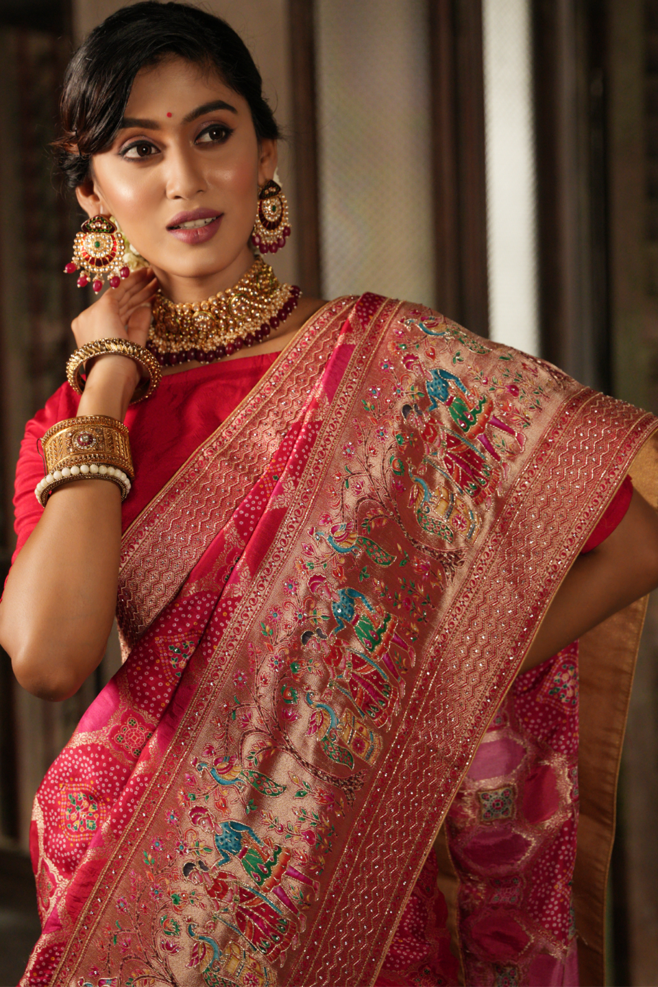 Desert Rose Allure: Gajri Khaddi Silk Saree with Hand Embroidery & Meena Work