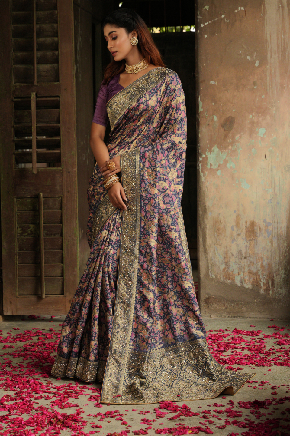 Enchanted Elegance: Moffish Blue Khaddi Silk Saree with Zardozi Brilliance & Digital Artistry