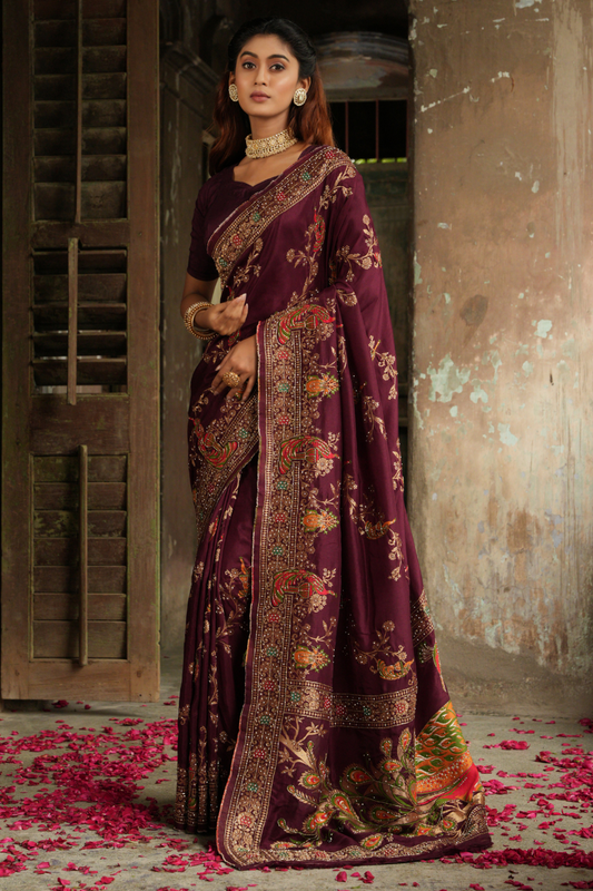 Vineyard Elegance: Wine Khaddi Silk Saree with Peacock Embroidery & Alluring Jaal