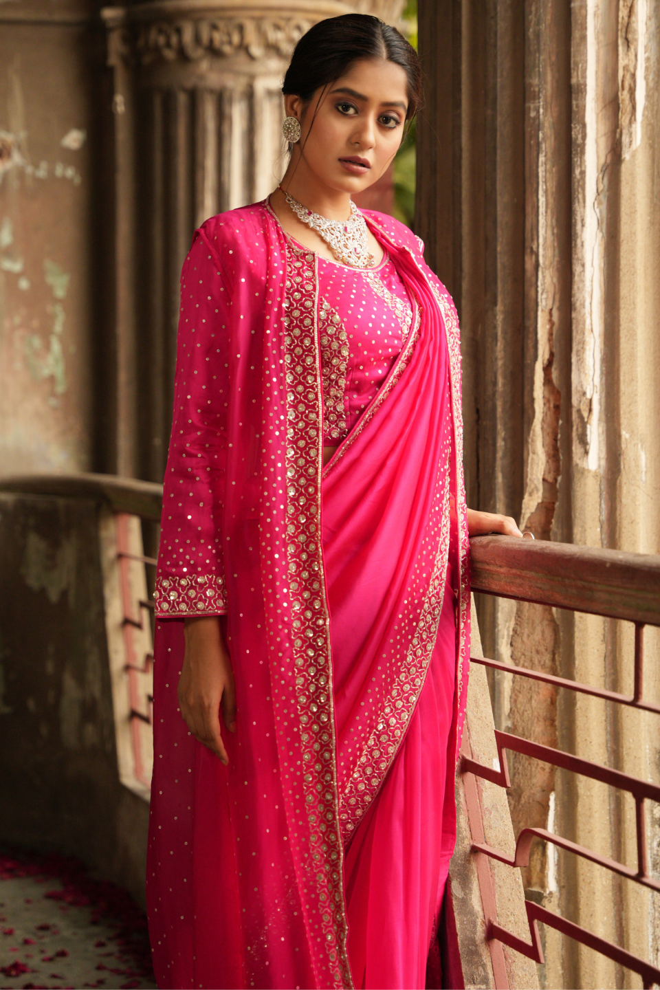 Regal Radiance: Dark Pink/Rani Organza Saree with Cutdana & Sequins Embellishments