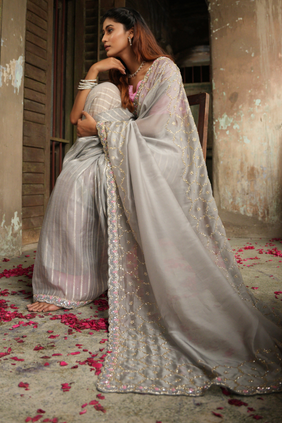 Twilight Enchantment: Grey Organza Silk Saree with Sequins, Katdana & Zarkan Artistry