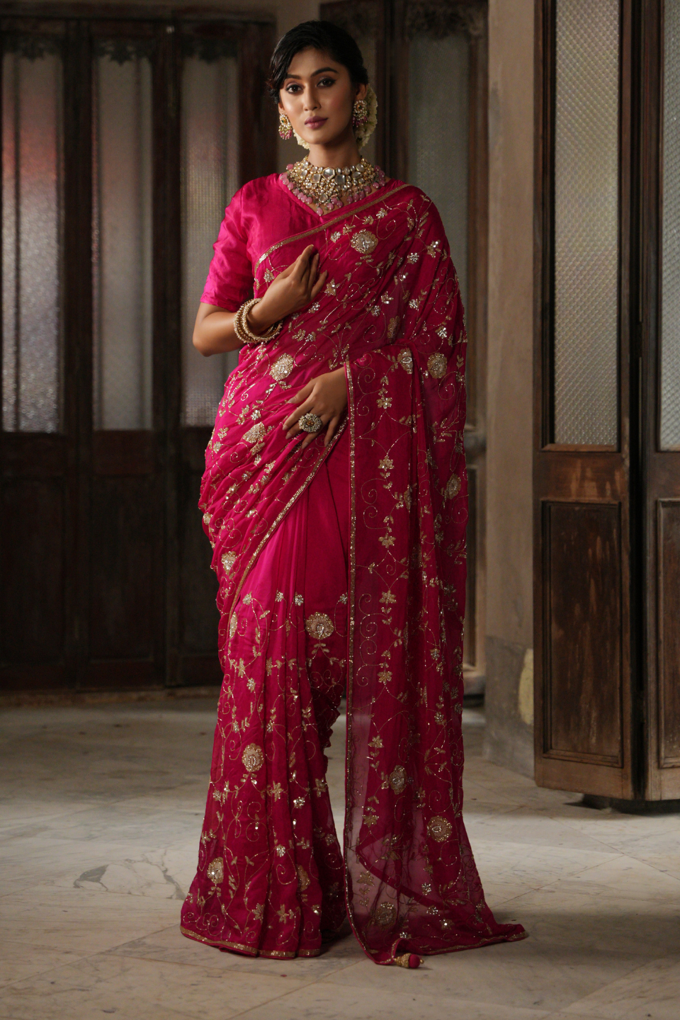 Regal Rhapsody: Dark Pink/Rani Georgette Saree with Jaal Design & Sequins-Katdana Border