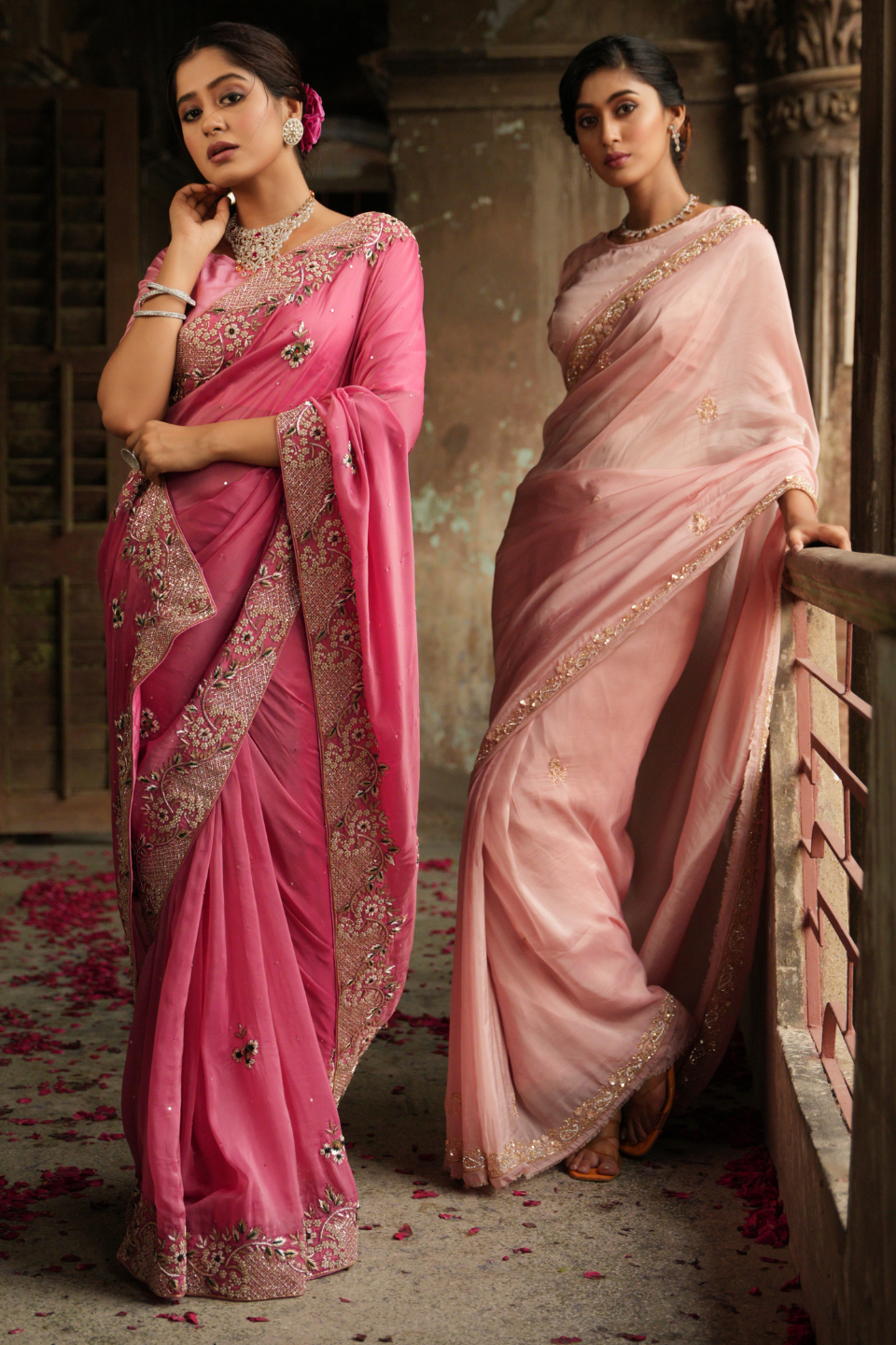 Gajri Tissue Organza Saree with Zardozi Buti & Grand Nine Yard Embellishments