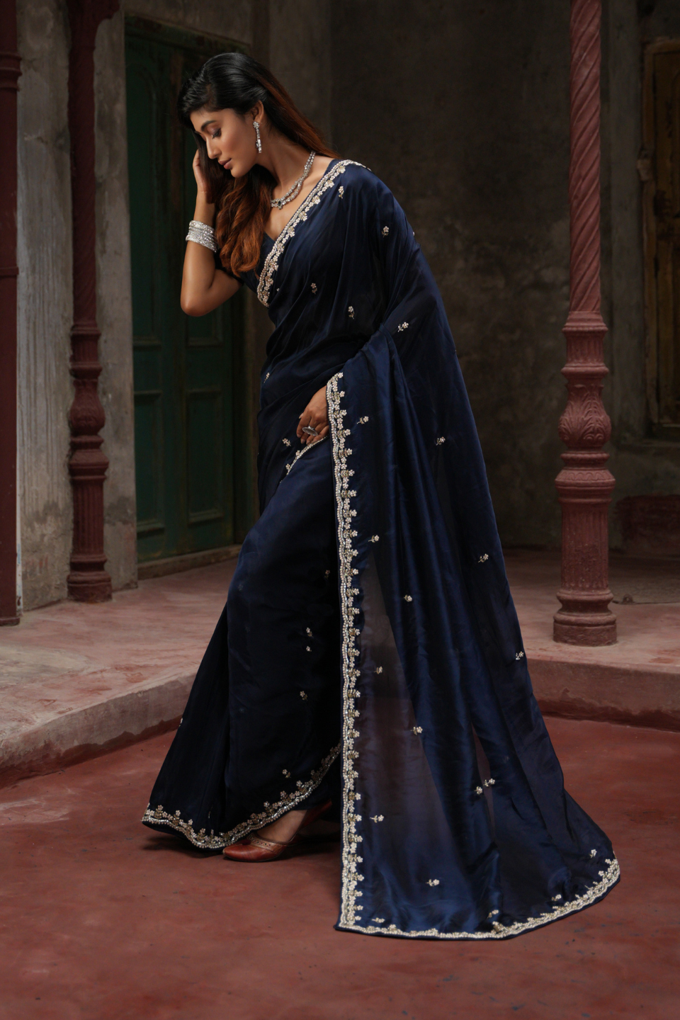 Stunning Navy Blue Saree with Fine Zardozi, Pearl & Zarkan Embellishments on Organza Tissue