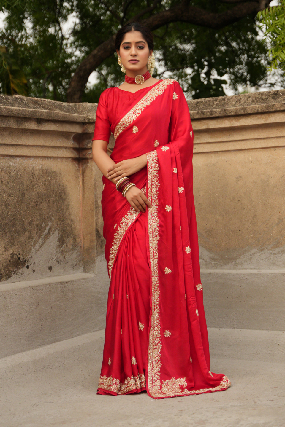 Scarlet Splendor: Red Satin Silk Saree with Zardozi Border & Buti Embellishments