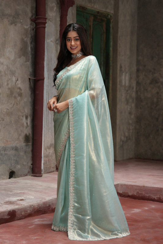 Elegant Light Green Saree with Pure Zardozi & Pearl Embellishments on Shimmer Tissue Fabric