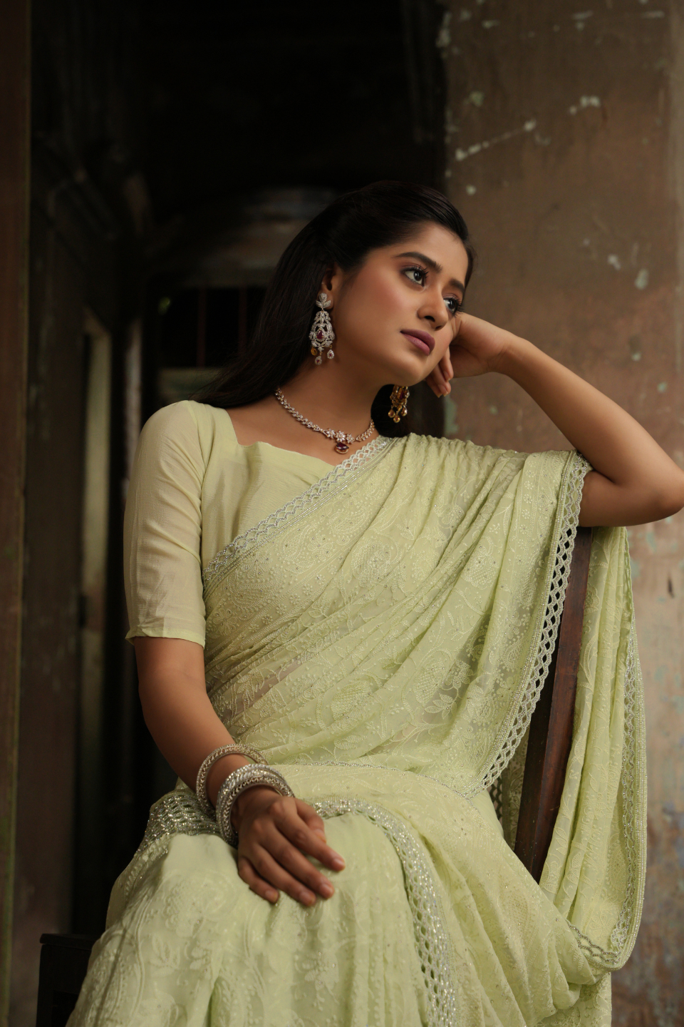 Verdant Charm: Lime Green Georgette Saree with Exquisite Lucknowi Work & Cutwork Border