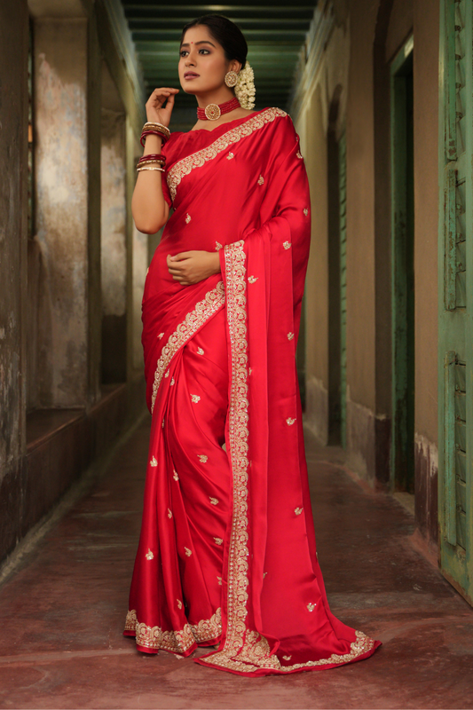 Red Satin Silk Saree with Zardozi Border, Buti & Pallu Buta