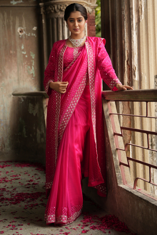 Regal Radiance: Dark Pink/Rani Organza Saree with Cutdana & Sequins Embellishments