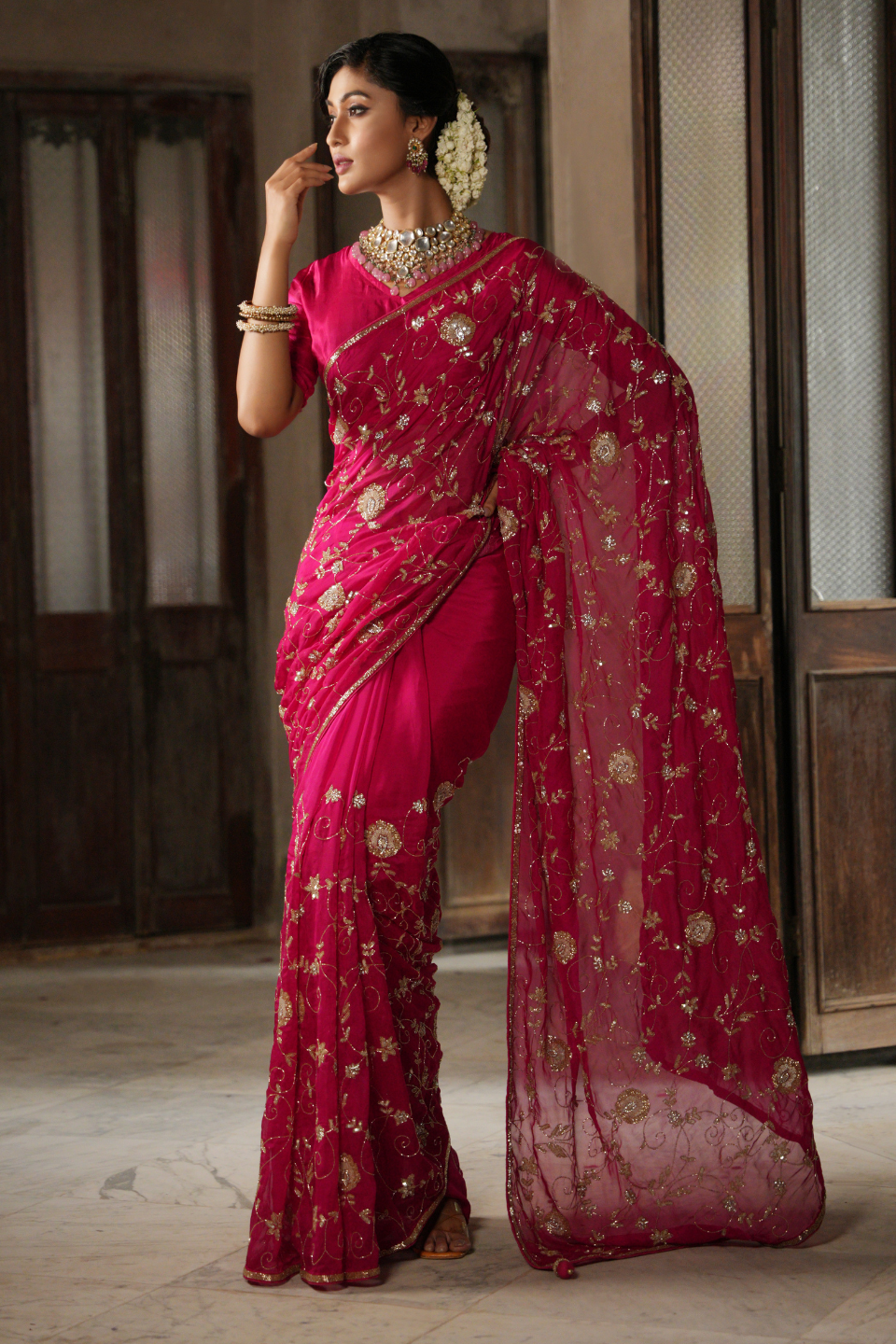 Regal Rhapsody: Dark Pink/Rani Georgette Saree with Jaal Design & Sequins-Katdana Border