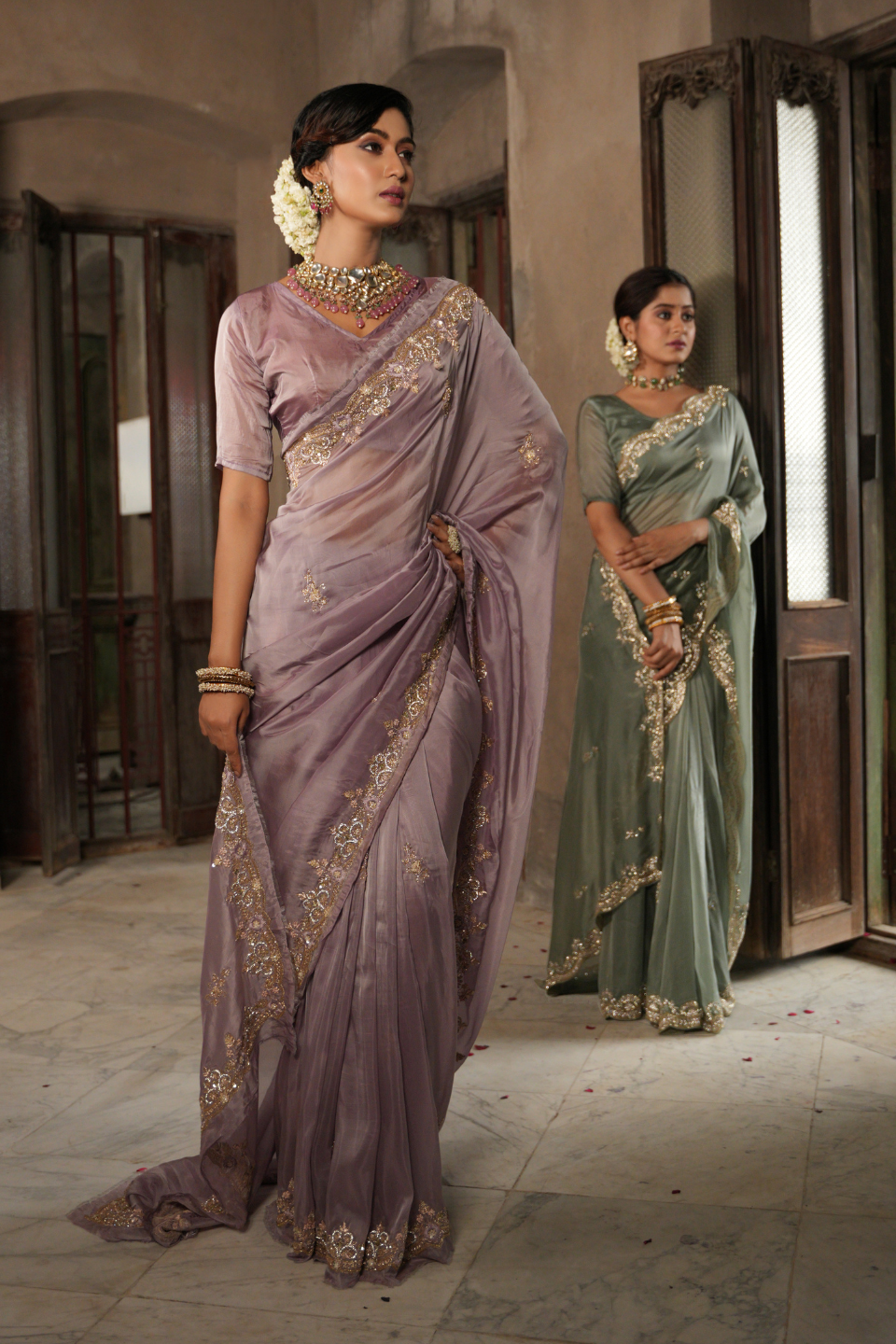 Pinkish Peach Organza Tissue Saree with Zardozi