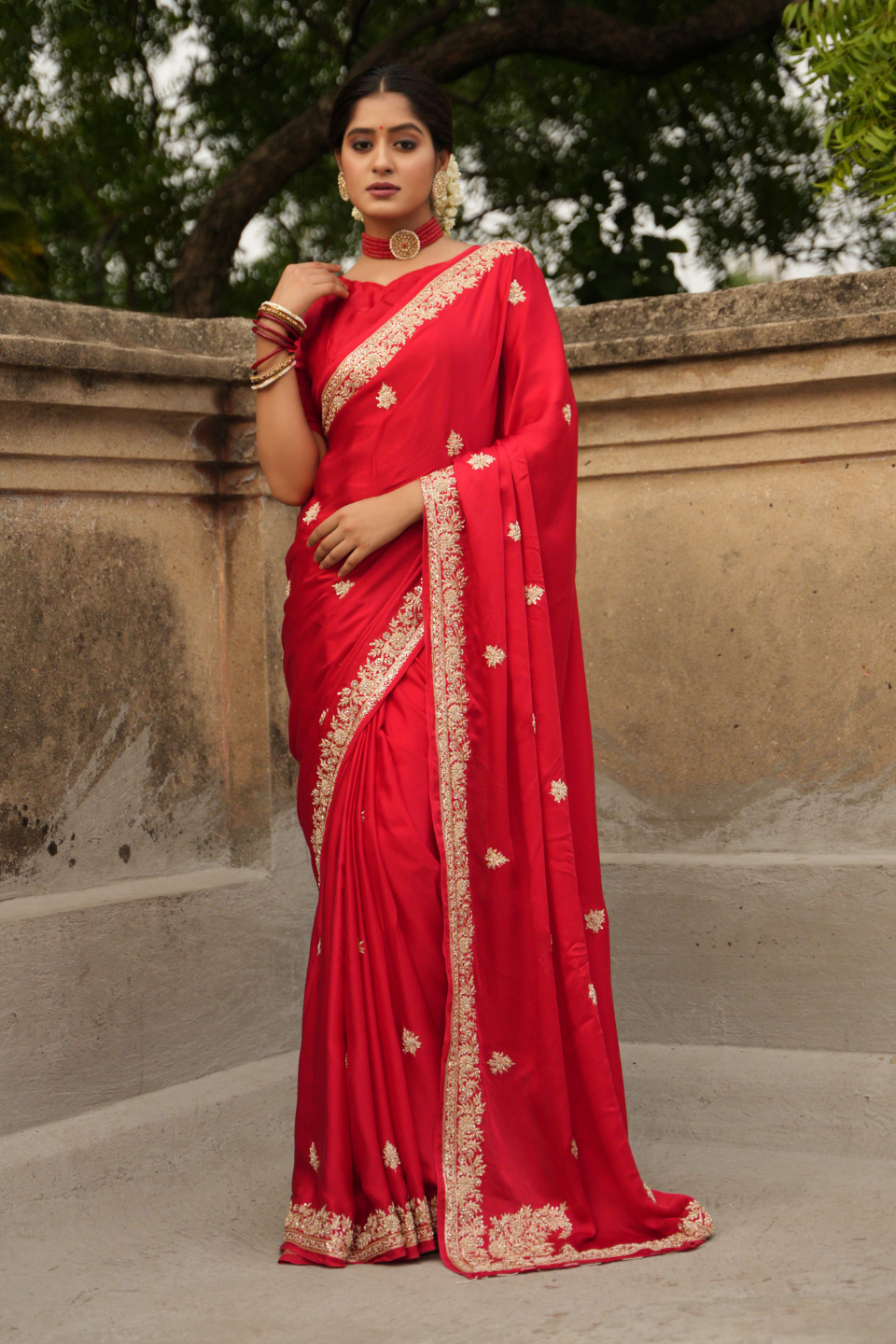 Scarlet Splendor: Red Satin Silk Saree with Zardozi Border & Buti Embellishments