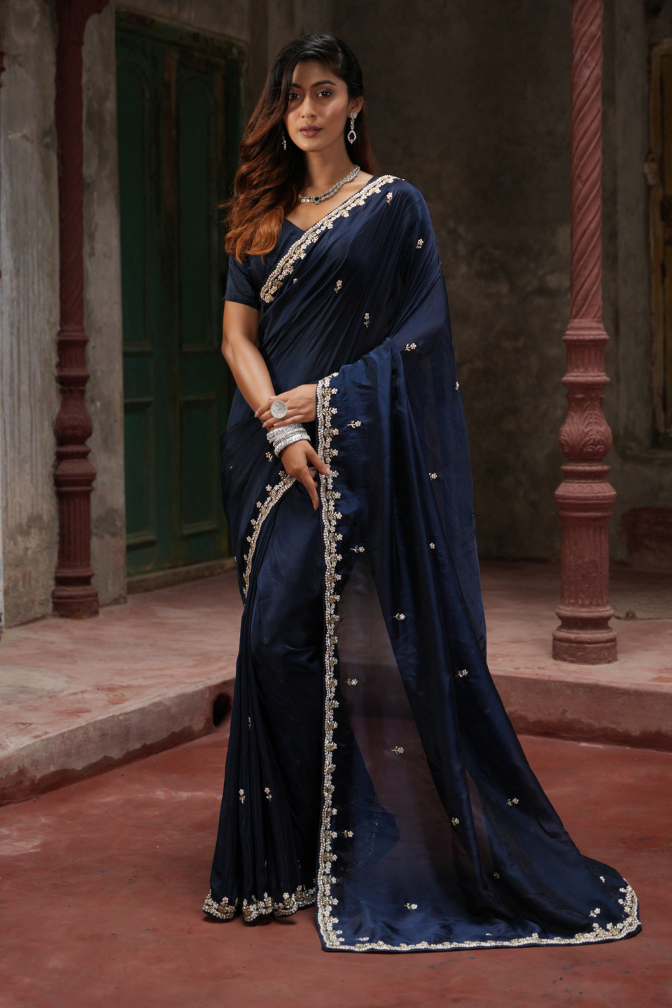 Stunning Navy Blue Saree with Fine Zardozi, Pearl & Zarkan Embellishments on Organza Tissue